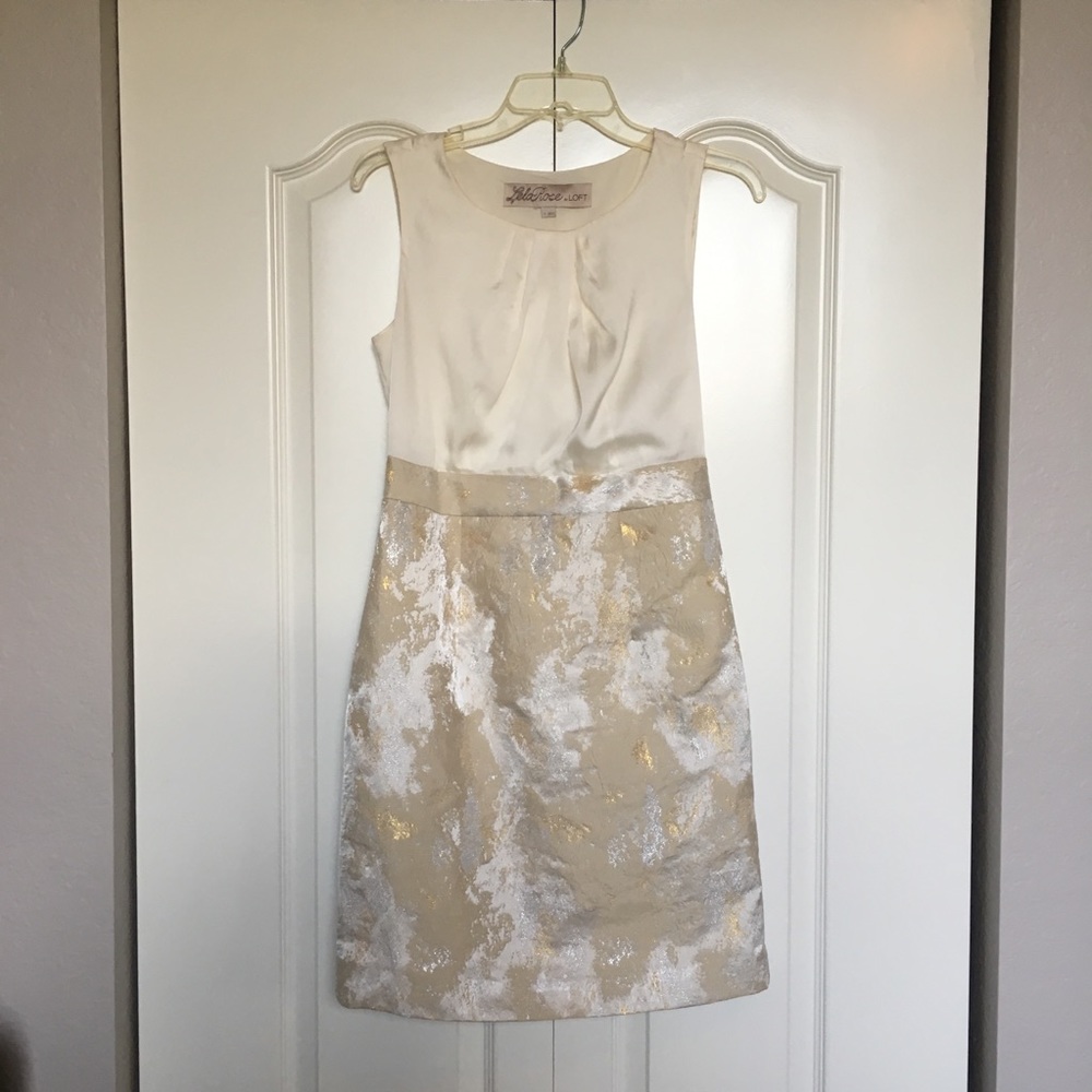 LOFT A-line midi white & gold dress